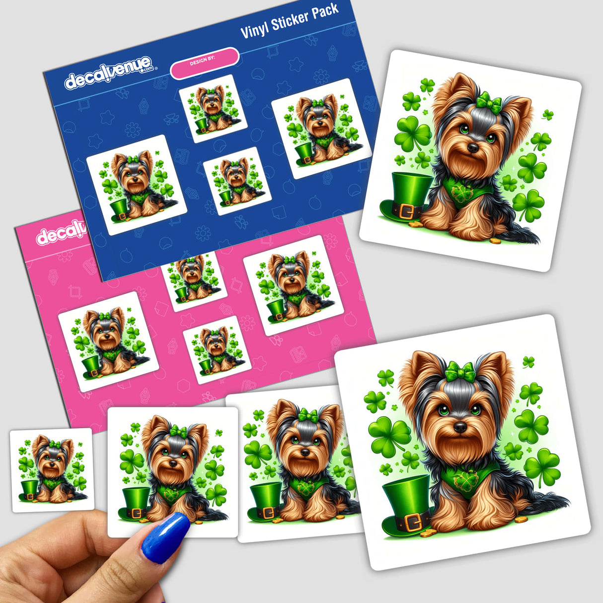 Yorkie w/ Hat and Clover Background