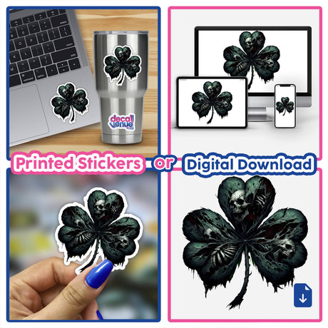 Dark Gothic Shamrock Skulls St. Patrick's Day Sticker - Unique digital artwork created by SHH Creations for the Decal Venue store, featuring a haunting design of shamrocks with skulls.