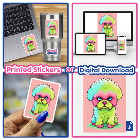 Adorable colorful poodle with vibrant fur and expressive eyes, available as printed stickers or digital download for a variety of decor and personalization options.