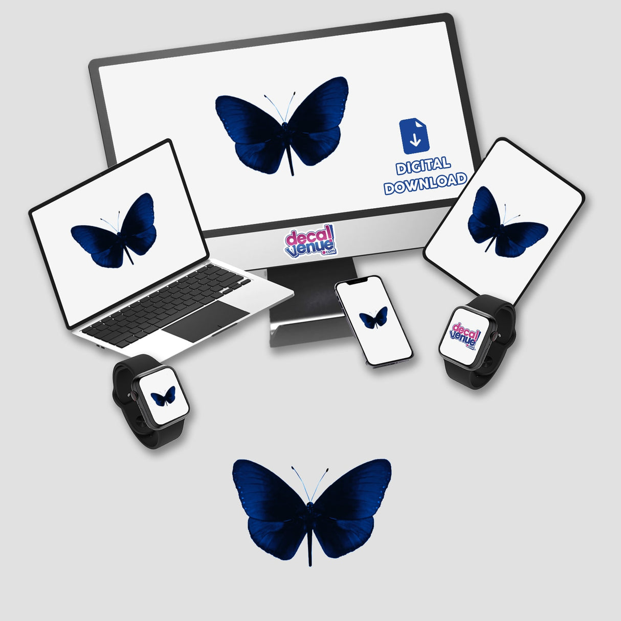 Blue Black Butterfly artwork displayed on a computer monitor and laptop, available as stickers or digital art from Decal Venue.