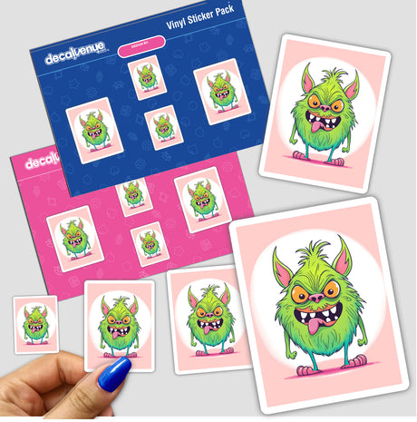 Adorable green monster stickers and digital art featured in a Decal Venue vinyl sticker pack, showcasing the quirky, expressive designs of the "AngrilyAdorable" brand.