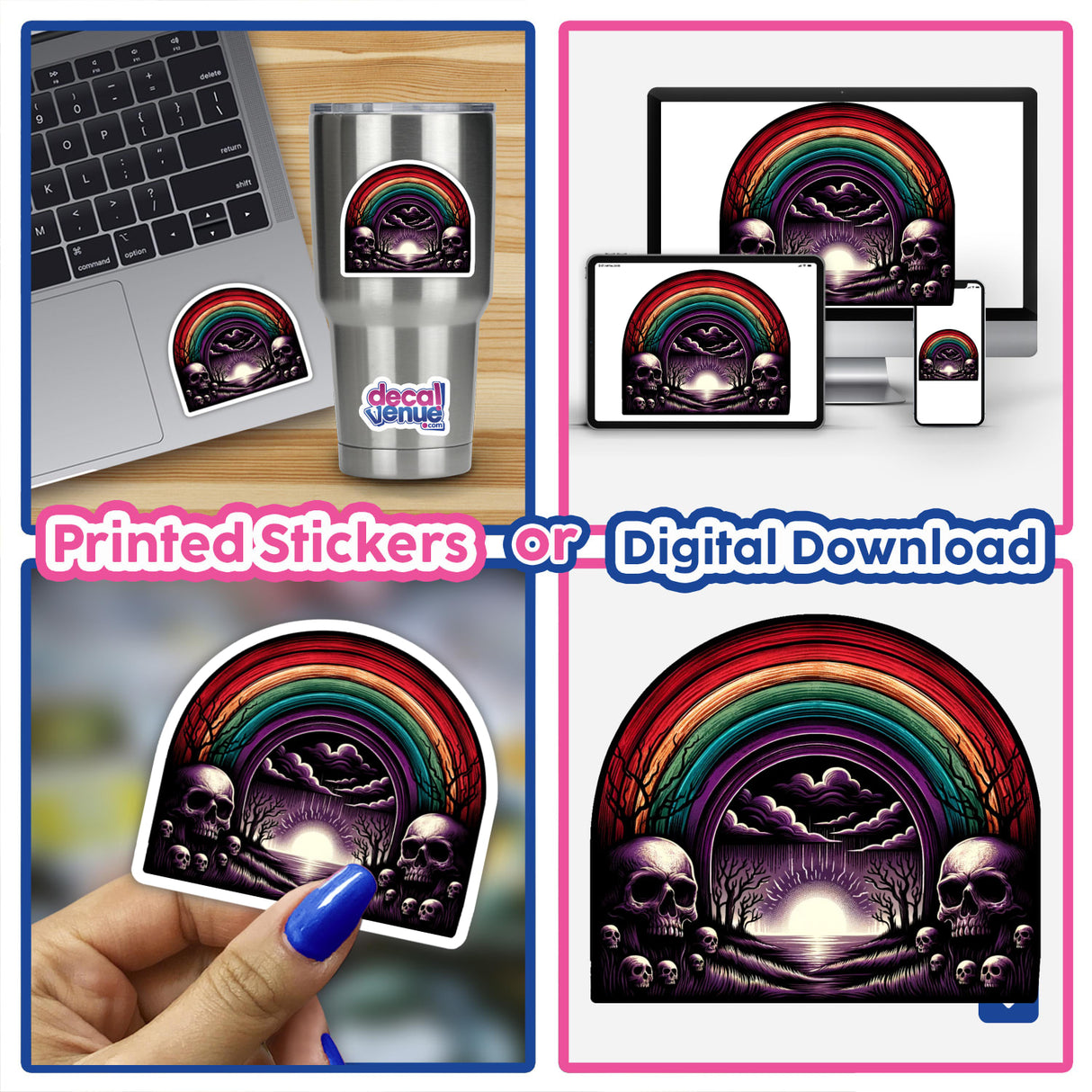 Macabre Rainbow Over Skulls Sticker - Unique digital artwork featuring a dark, gothic rainbow design with skulls, available as a printed sticker or digital download from Decal Venue, an online store specializing in creative stickers and digital art.
