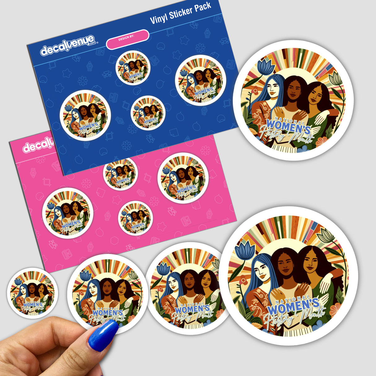 Colorful vinyl sticker pack featuring a diverse group of women, showcasing the "Stronger Together" digital artwork created by Mad Tea Garden for Decal Venue, a store specializing in unique stickers and digital art.
