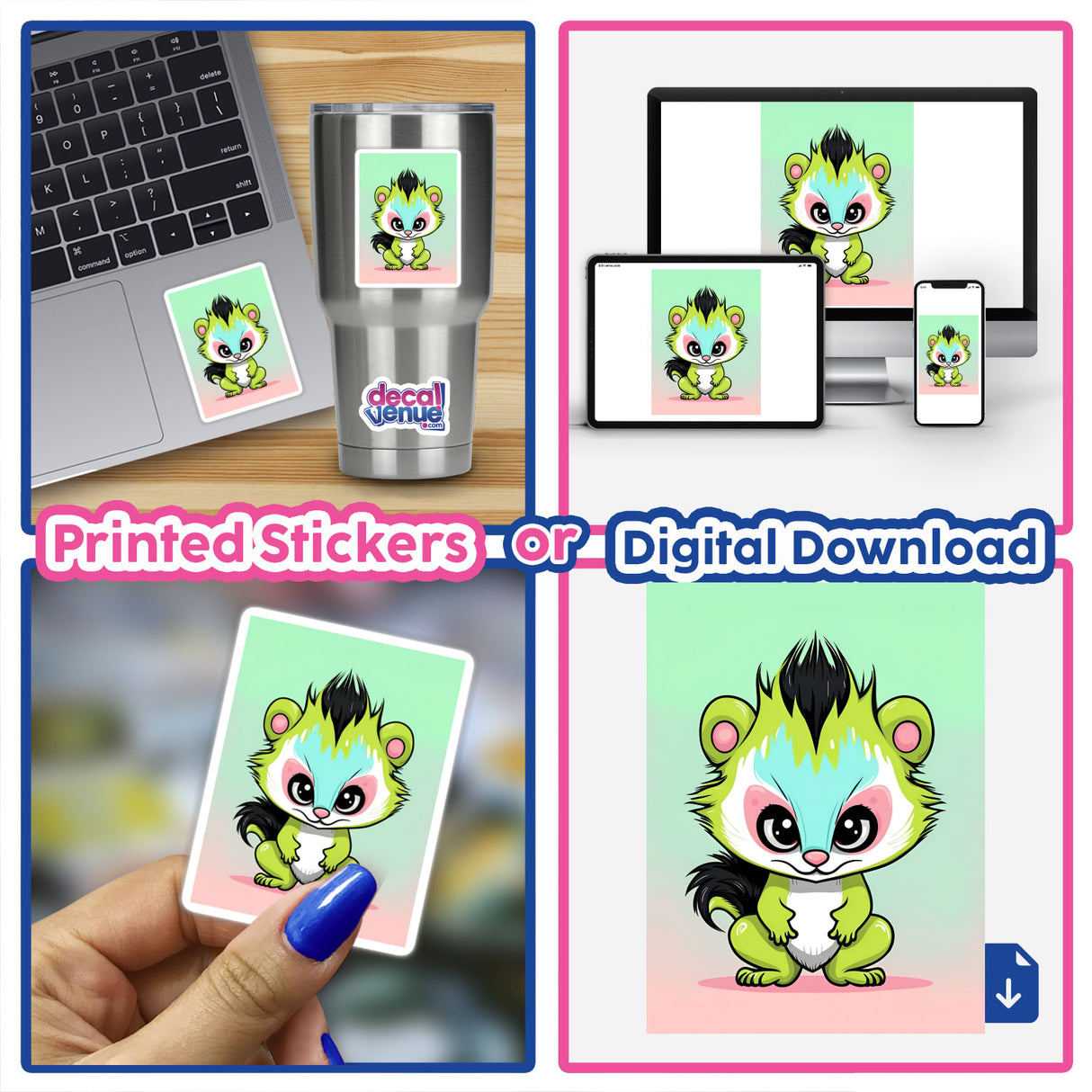 Adorable cartoon skunk digital artwork displayed on laptop, phone, and sticker on a tumbler