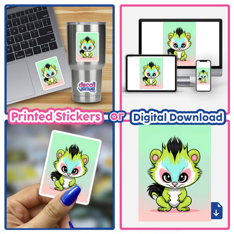 Adorable cartoon skunk digital artwork displayed on laptop, phone, and sticker on a tumbler