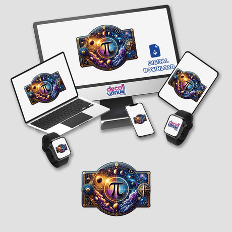 Cosmic Pi Day Celebration digital sticker showcased on various electronic devices including laptop, smartphone, and smartwatch against a white background.