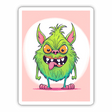 Cute and colorful cartoon monster with sharp teeth, large eyes, and spiky green fur standing against a pink background.
