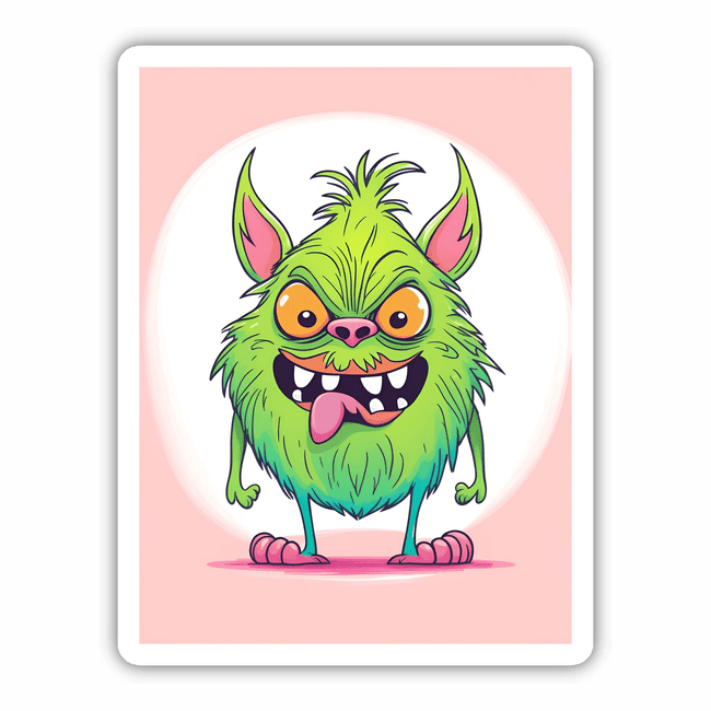 Cute and colorful cartoon monster with sharp teeth, large eyes, and spiky green fur standing against a pink background.
