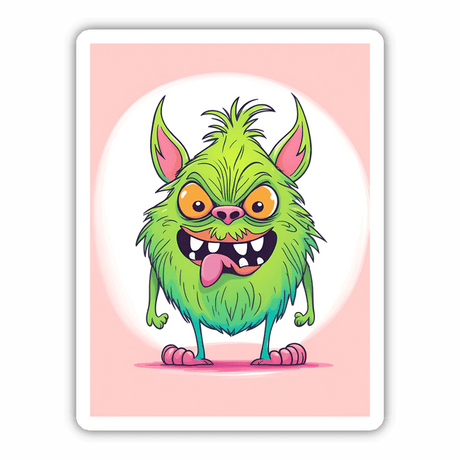 Cute and colorful cartoon monster with sharp teeth, large eyes, and spiky green fur standing against a pink background.