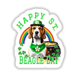 Beagle St. Patrick's Day: A cartoon beagle wearing a green bandana and a festive hat, with a pot of gold, rainbow, and clovers in the background. Available as stickers or digital artwork.