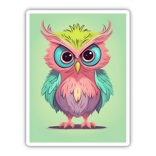 Adorable colorful cartoon owl with big eyes and vibrant plumage, perfect for stickers or digital art.