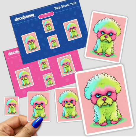 Vibrant digital artwork featuring an adorable, multicolored poodle with expressive eyes and a fluffy, textured coat, presented as a collection of stickers on a product display from Decal Venue, an online store specializing in unique digital art and stickers.