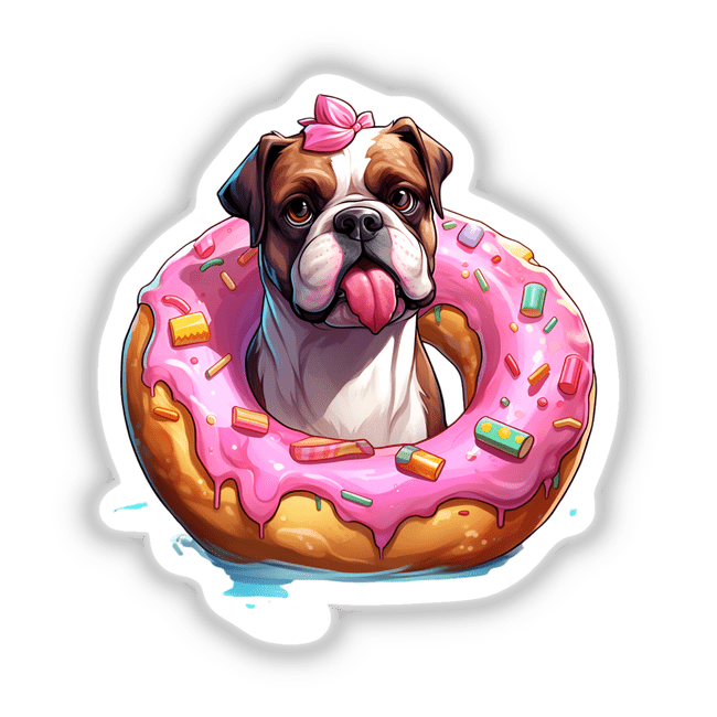 Cute bulldog wearing a pink bow, surrounded by a pink donut with colorful sprinkles, a whimsical digital artwork.