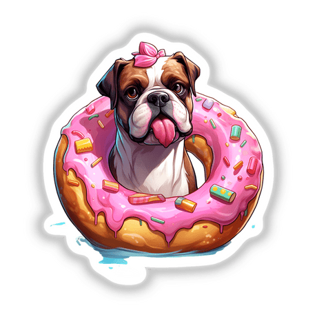 Cute bulldog wearing a pink bow, surrounded by a pink donut with colorful sprinkles, a whimsical digital artwork.