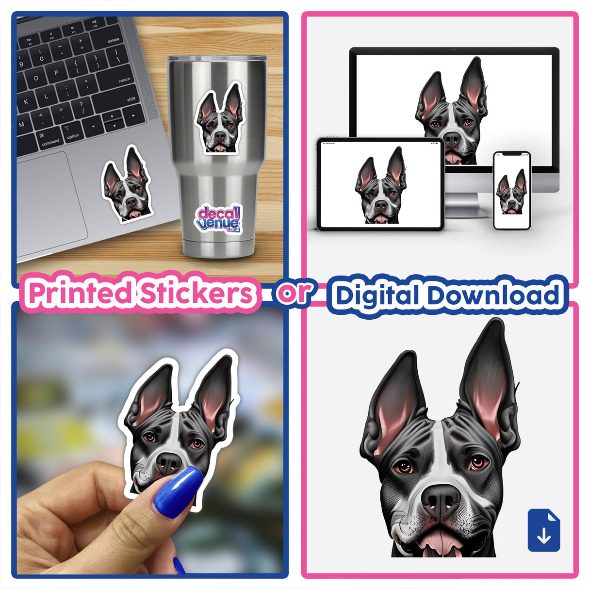 Silly Pitbull stickers on laptops, cups, and art, featuring a playful pitbull with large ears, available at Decal Venue.
