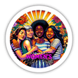 Vibrant digital artwork depicting four diverse women friends celebrating National Women's History Month, surrounded by colorful floral patterns and a radiant sun.