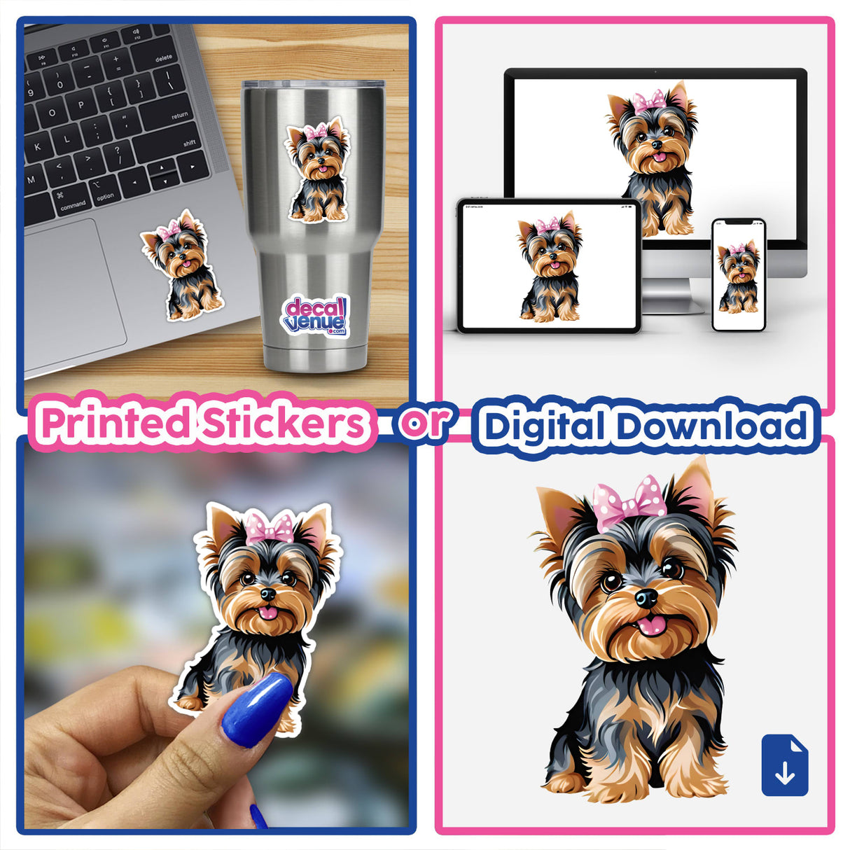 Collage featuring the Happy Yorkie Polka Dot Pink Bow sticker, showing a cute dog with a pink bow. Includes close-up views and a hand holding the sticker. Available as stickers or digital artwork.