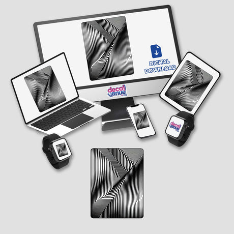 Rectangular Moiré Wave Optical Illusion Sticker displayed on various digital devices including laptops, tablets, and smartphones against a white background.