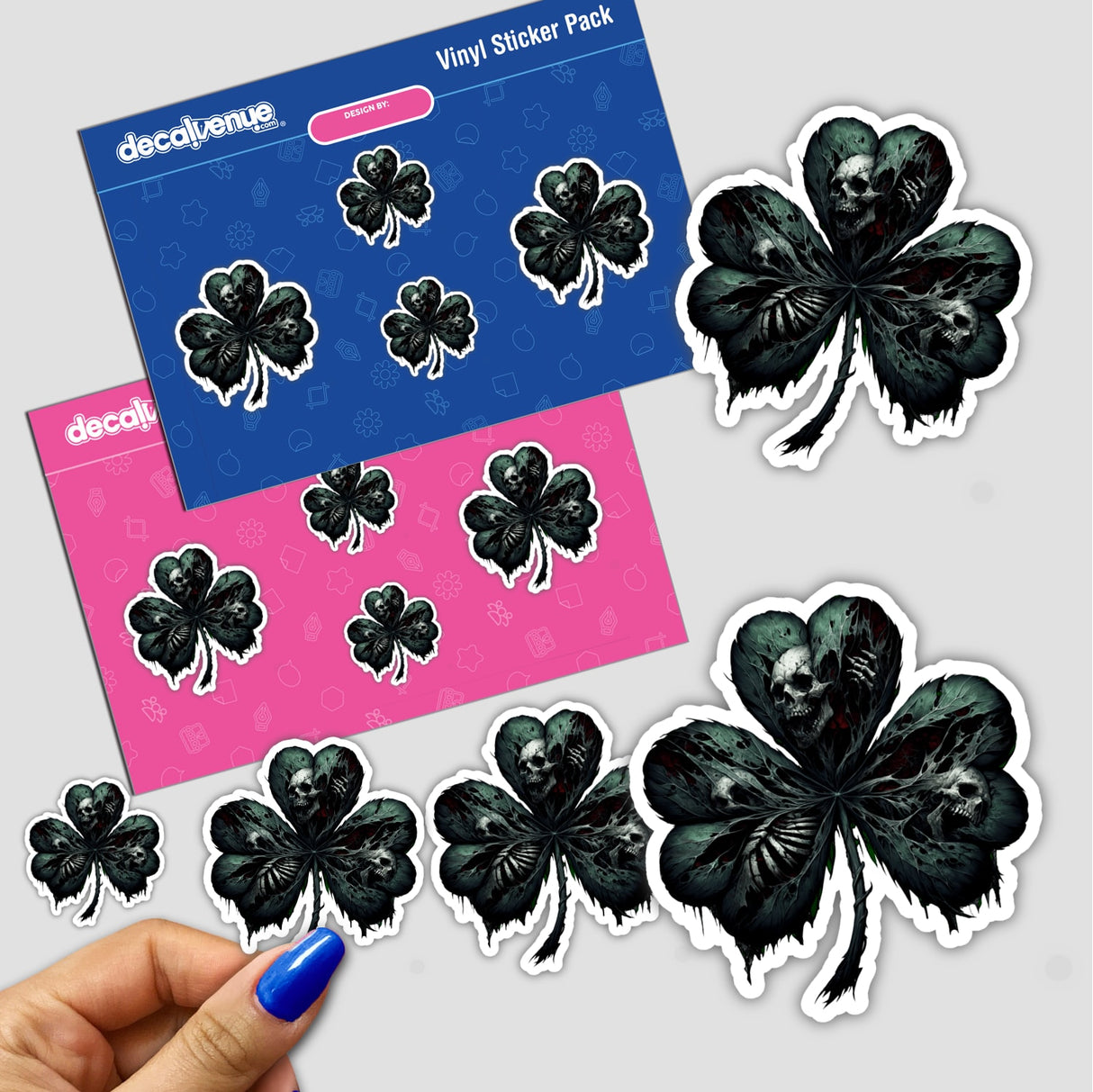 Gothic Shamrock Skulls St. Patrick's Day Stickers - Unique black and white clover-shaped stickers with skulls, showcasing a dark, edgy take on the traditional Irish symbol.