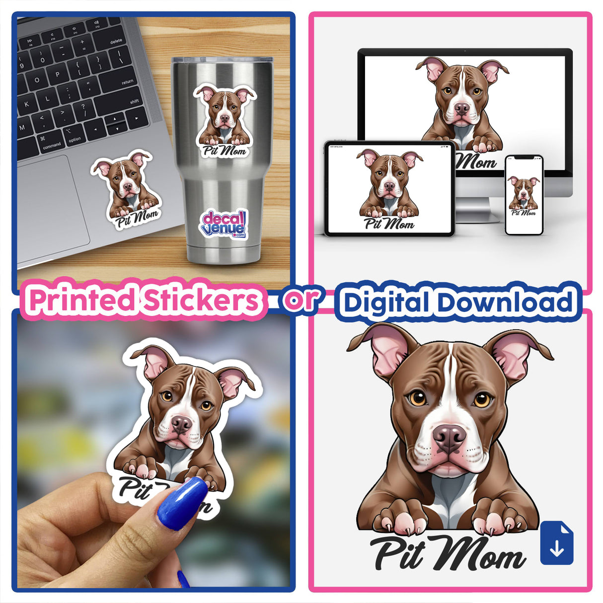 Collage of a laptop featuring a sticker of a pitbull with brown eyes and text Pit Mom. Available as stickers or digital artwork from Decal Venue.