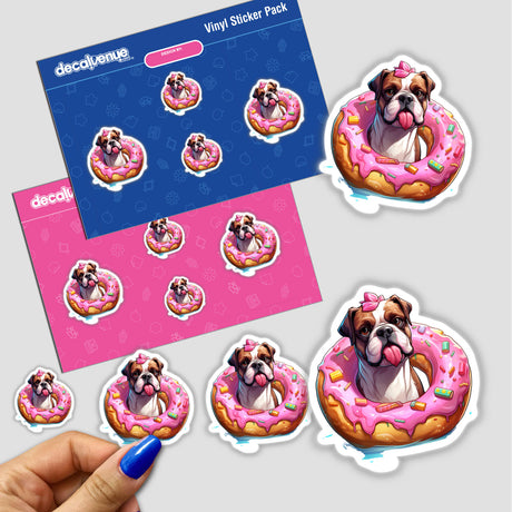 Colorful digital dog artwork featuring a bulldog wearing a unicorn horn, surrounded by pink donuts, on a vinyl sticker pack.