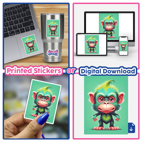 Adorable Angry Monkey - Digital artwork featuring a playful, cartoon-style monkey with an exaggerated, angry expression on a vibrant green background, available as printed stickers or a digital download from the Decal Venue online store.