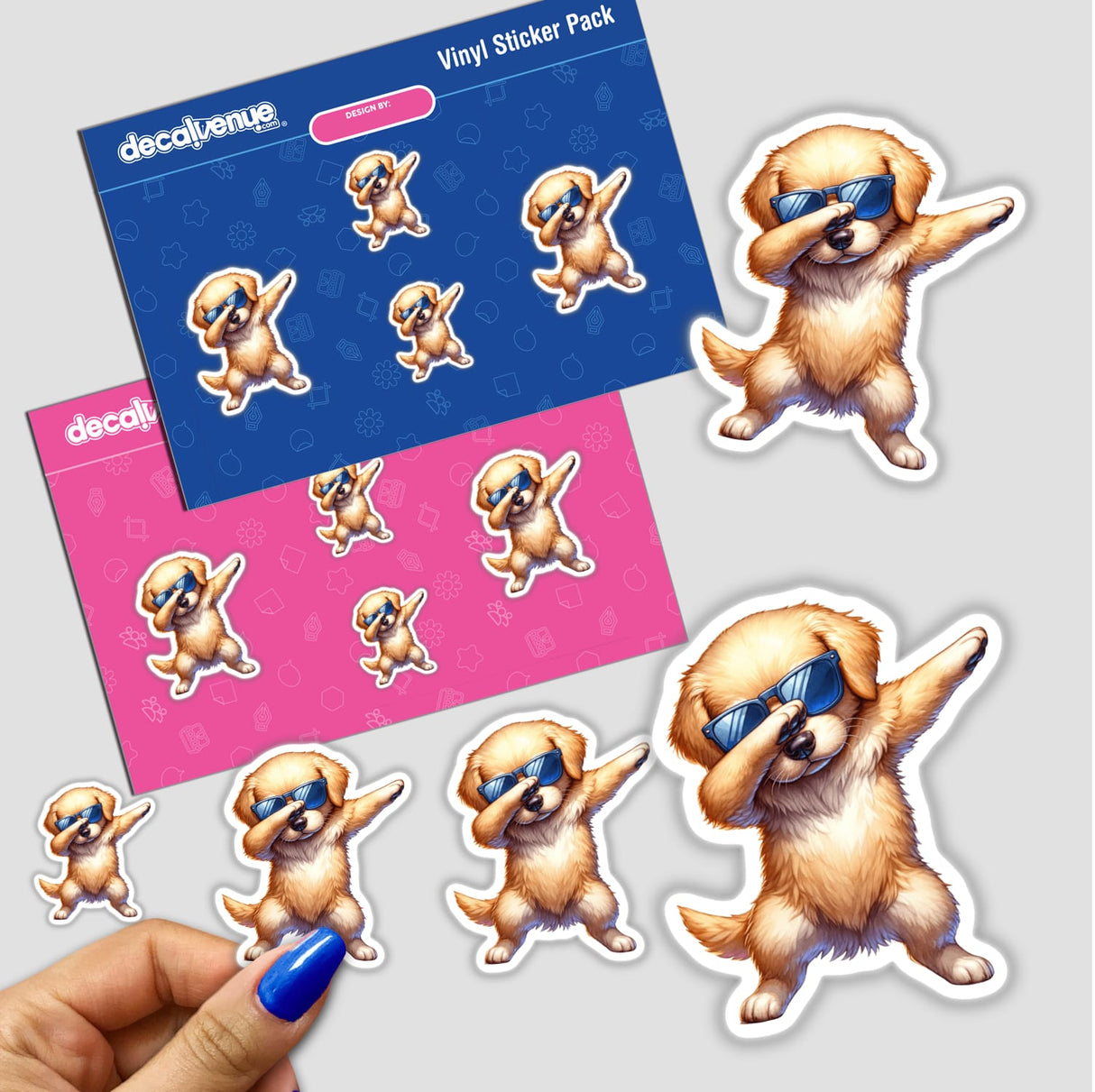 Colorful sticker pack featuring various dapper golden retriever dogs in sunglasses, striking fun and whimsical poses against a pink and blue background.