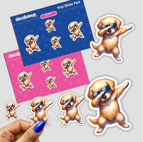 Colorful sticker pack featuring various dapper golden retriever dogs in sunglasses, striking fun and whimsical poses against a pink and blue background.
