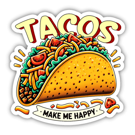 Vibrant taco sticker with an appetizing depiction of a taco filled with various toppings and the text "Tacos Make Me Happy"