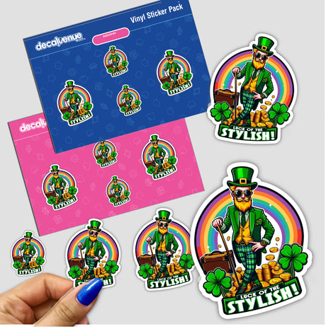 Stylish Leprechaun Sticker Pack - Colorful digital stickers featuring a dapper leprechaun character with plaid attire, a pot of gold, and a rainbow background, perfect for St. Patrick's Day celebrations and expressing holiday spirit.