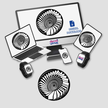 Spiral optical illusion sticker displayed on electronic devices, including a laptop, smartphone, and smartwatch, against a white background.