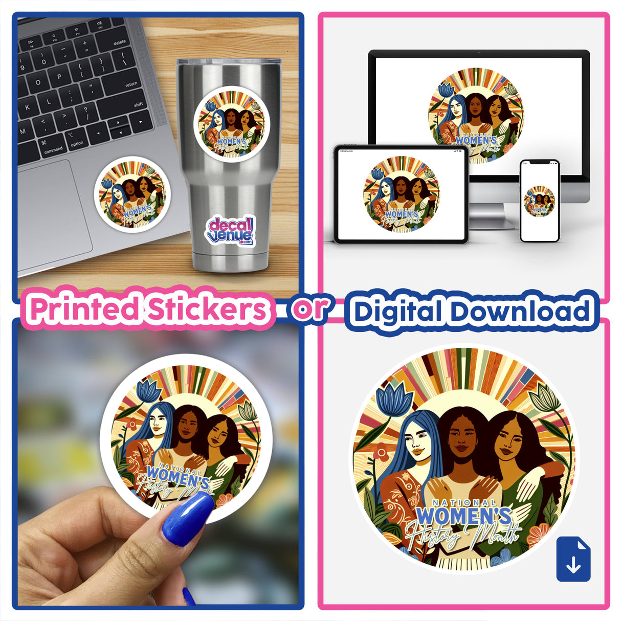 "Stronger Together" - Digital artwork showcasing diverse female figures with vibrant sunburst designs, available as printed stickers or digital downloads from the Decal Venue store, a shop offering unique stickers and digital art created by talented designers.