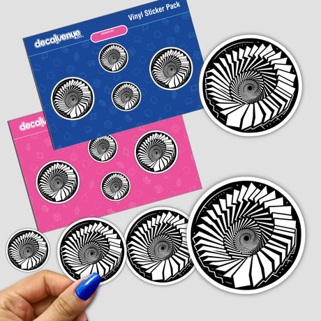 Artistic stickers displaying an infinite staircase optical illusion. The stickers feature a repeating spiral design in black and white, creating a mesmerizing visual effect. The stickers are displayed on a colorful background, showcasing the products offered by Decal Venue, an online store specializing in unique digital artwork and stickers.