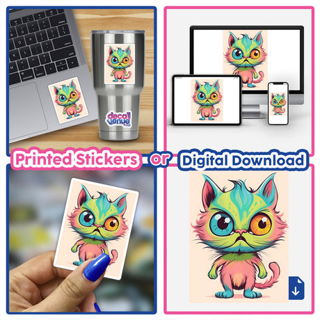 Colorful cartoon cat stickers and digital art displayed on various devices and surfaces