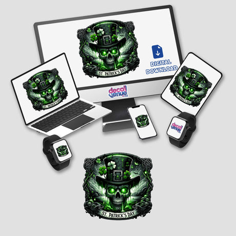 Emerald-Eyed Skull with Shamrock Hat St. Patrick's Day Sticker on digital devices