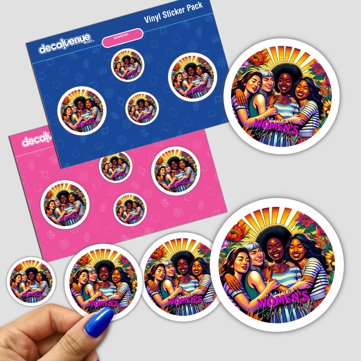 Vibrant digital artwork stickers featuring a group of diverse, joyful people in colorful outfits against a bright, sunburst background. The stickers are displayed on a packaging card for the "Happier Together" product from the Decal Venue store, which specializes in unique stickers and digital art.
