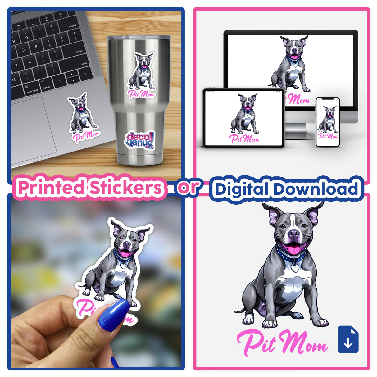 Collage featuring a laptop with a Gray Happy Pitbull - Pit Mom sticker and a person painting nails. Available as stickers or digital artwork.