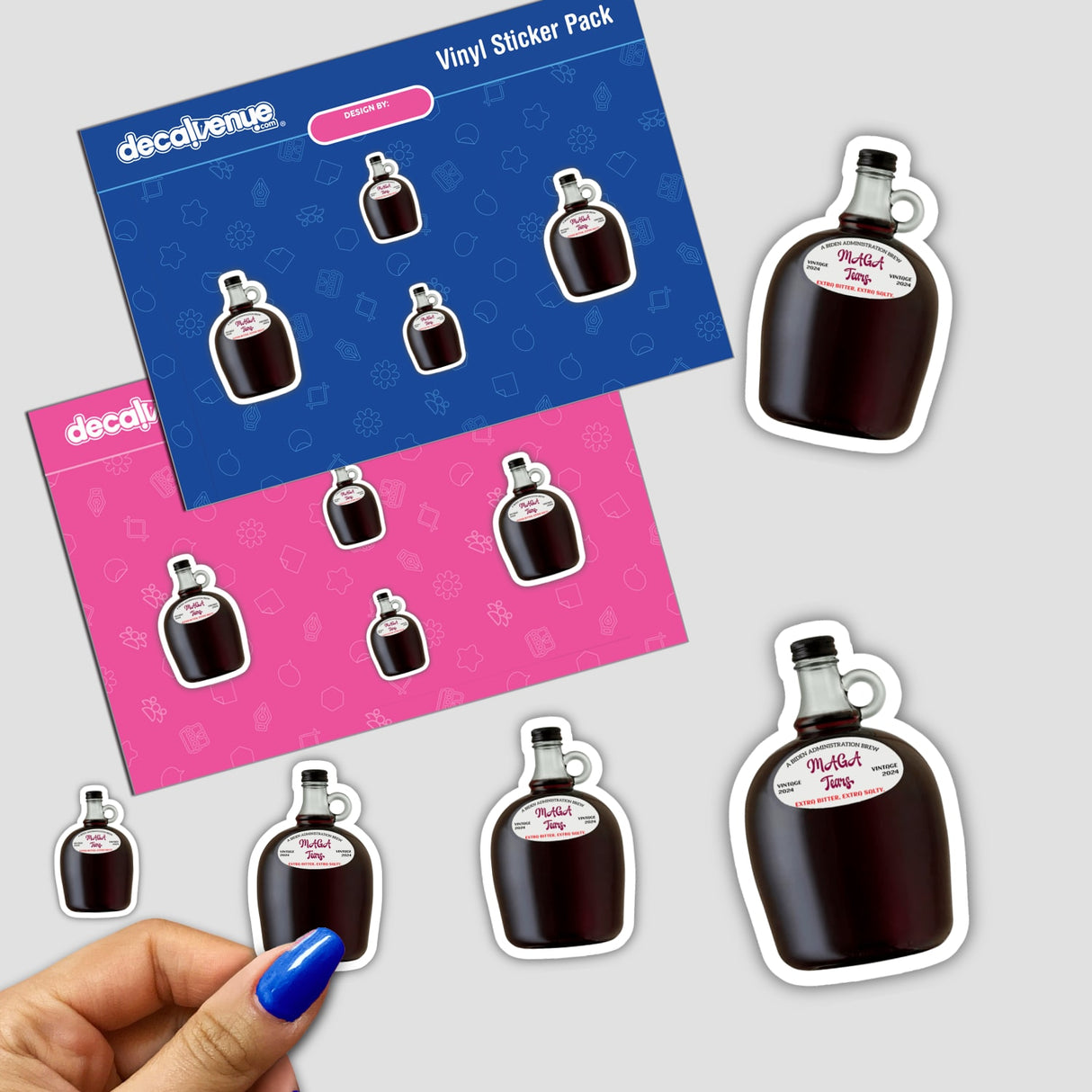 A red wine jug with a label that reads "MAGA Tears. A Biden Administration brew. Vintage 2024" on transparent background.
