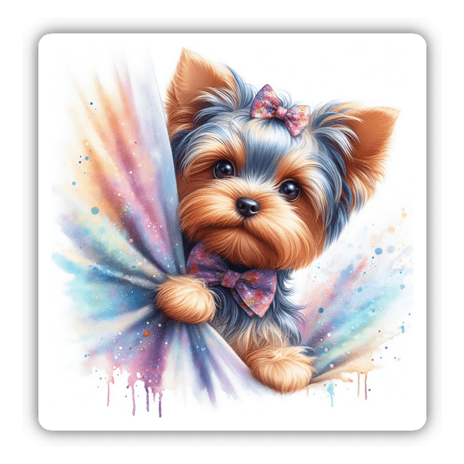 Watercolor Peeking Behind Curtain Yorkie