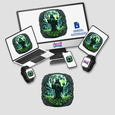 Celtic Skeleton shillelagh and a chalice Macabre Saint Patrick's Day digital artwork displayed on various electronic devices including laptop, smartphone, and smartwatch.