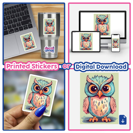 Adorable cartoon owl sticker displayed on various products and devices, including a laptop, a tumbler, and digital screens. The eye-catching owl illustration showcases vibrant colors and expressive features.
