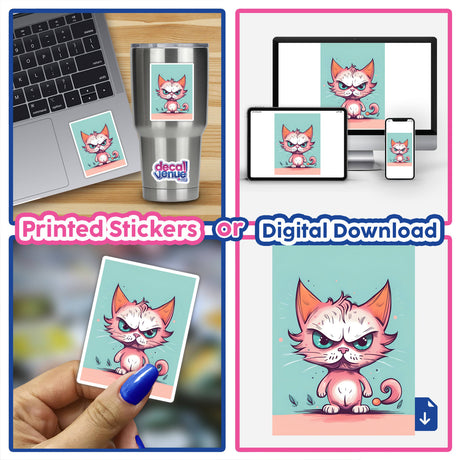 Adorable Angry Cat - Vibrant digital artwork featuring a feisty feline expression on stickers, laptop, and mobile devices.