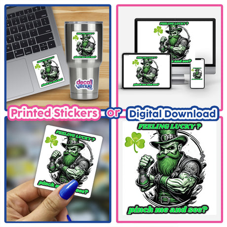 Lucky Leprechaun sticker collage: hand applying blue nail polish, holding a card, laptop with sticker, silver cup with sticker, cartoon leprechaun, green clover, monitor, close-up fingernail.