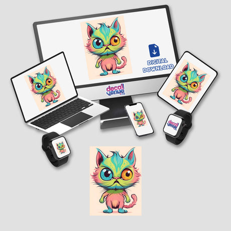 Adorable and vibrant digital artwork of a colorful angry cat on multiple electronic devices