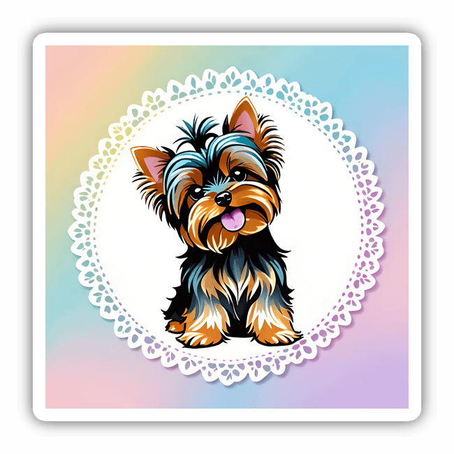 Happy Yorkie Head Tilt w/ Doily Background