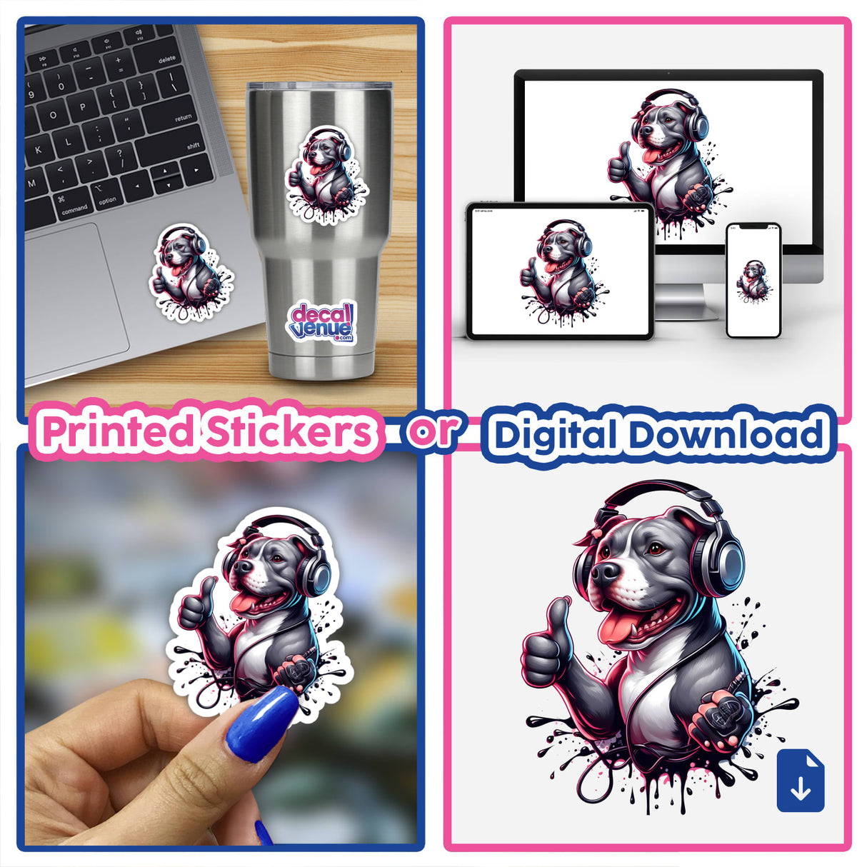 Thumbs Up Pitbull w/Headphones and Splatter