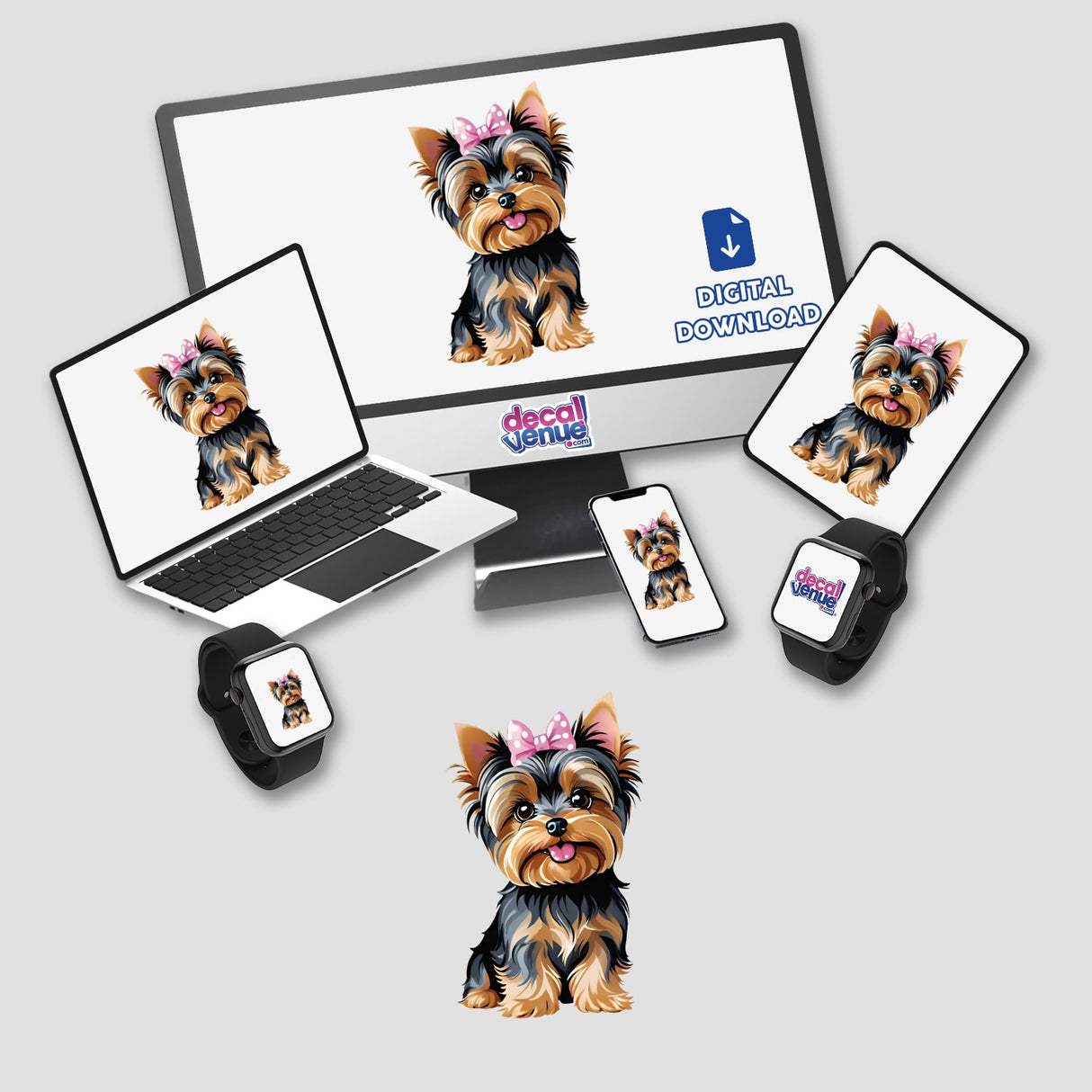Happy Yorkie Polka Dot Pink Bow image displayed on a computer monitor, laptop, mouse pad, phone, and smartwatch, highlighting its availability as stickers or digital artwork from Decal Venue.
