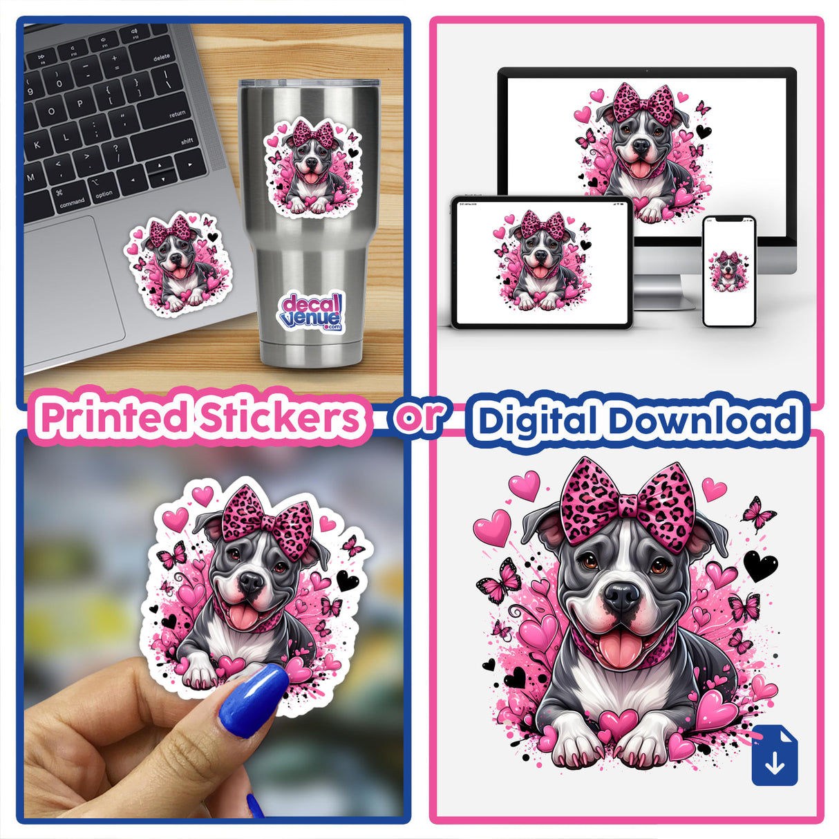 Pink Leopard Bow, Butterflies, Hearts Pitbull