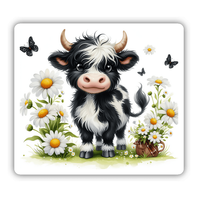 Highland Cow, Daisies and Butterflies