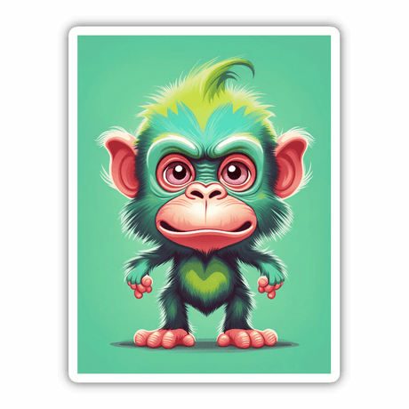 Vibrant digital illustration of an adorable angry monkey with large eyes, fluffy green fur, and red features on a teal background.